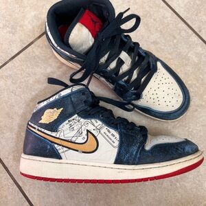 Nike Air Jordan 1 Mid SE Navy Red Take Flight Airplane Sneakers Big Kids 5.5Y